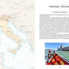 Linke Seite zeigt Karte von Italien, markiert ist Venedig. Rechte Seite Text über Venedig und ein Foto von Menschen in einem Boot.