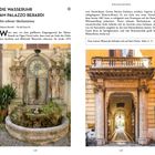 **Texte:** "DIE WASSERUHR AM PALAZZO BERARDI" - Über die Geschichte und Beschreibung einer Wasseruhr.

**Linke Seite:** Abbildung einer antiken Wasseruhr, umgeben von Statuen und Pflanzen.

**Rechte Seite:** Foto eines prunkvollen Eingangsbogens mit der Aufschrift "FILIPPO BERARDI".