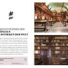 "ZU BESUCH IN EINER DER SCHÖNSTEN BIBLIOTHEKEN DER WELT" über Bibliotheksinterieur mit hohen Bücherregalen und Glasvitrinen.