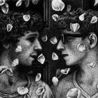 Zwei Männerprofile mit Rosenblättern auf schwarzem Hintergrund. Illustrativ und kontrastreich in Schwarz-Weiß gezeichnet.