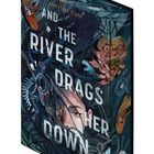 „And the River Drags Her Down“. Illustration eines Gesichts umgeben von Wasser, Blumen und Fischen.