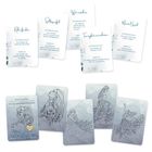 "Ruhe finden, Selbstzweifel, Wut verstehen" auf Karten mit Illustrationen von Frauen in entspannenden Posen.