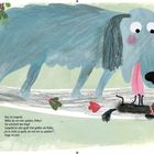 Text: „Das ist Leopold. Willst du mit ihm spielen, Polka? Sie schüttelt den Kopf. Leopold ist sehr groß...“

Illustration: Ein großer blauer Hund mit rosa Zunge und ein kleiner schwarzer Hund liegen auf einem Baumstamm. Bäume und Blätter umgeben sie.