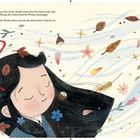 Text: "Nina beginnt ihre Suche..." Illustration: Ein Mädchen mit geschlossenen Augen, umgeben von fliegenden Blättern und Blüten.