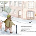 Papa und ich gehen zusammen spazieren. Illustration zweier Bären in einer Stadt, die an einer Muschule vorbeigehen.