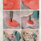 Blutstropfen fließt über Tisch; Messer steckt in Rücken; Person am Schreibtisch, blutend, Illustration.