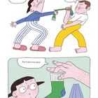 Oben steht: "Das ist MEINE Socke!" und "Nein, MEINE!", unten "Riech doch mal dran!". Zwei Personen streiten um eine Socke.