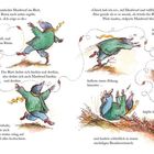 Text zeigt eine Geschichte über einen Maulwurf, der einem fallenden Blatt folgt und dabei durch die Natur stolpert. Illustration zeigt seine Bewegungen.
