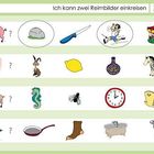 „Ich kann zwei Reimbilder einkreisen“, oben. Verschiedene Bilder in Reihen zur Reimübung: Schwein, Stein, Bein; Nase, Hase.