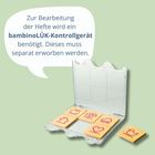 Text in einer Sprechblase erklärt, dass ein bambinoLÜK-Kontrollgerät für Hefte benötigt wird. Unten ist das Gerät mit Plättchen.