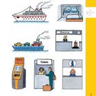 „Check-in“, „Tickets“, „Check-in“ an Kiosken, Kreuzfahrtschiff, Fähre mit Autos, Zimmer mit Meerblick, Informationstresen.