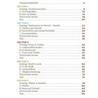Inhaltsverzeichnis: Aussprachetabelle, Lektionen 1-5 zu Grundwortschatz, Telefongespräche, Essen, Stadt, Wetter, mit Seitenzahlen.