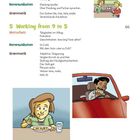 Texte beschreiben Vokabeln und Grammatik. Illustrationen zeigen Leute beim Essen und Fahren. Eine Frau isst, ein Mann fährt Auto.