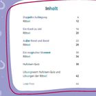 Inhalt: verschiedene Kapitel und Rätsel mit Seitenzahlen. Hintergrund in Lila mit Herzen und Hufeisen.