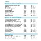 Inhaltseite: Themen wie "Rechnen im Zahlenraum bis 10", "Rechnen im Zahlenraum bis 20" und "Sachaufgaben" mit Seitenzahlen.