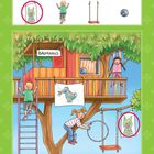 Text: "BAUMHAUS". Kinder spielen in einem bunten Baumhaus. Swing, Ball und fröhliche Gesichter sind zu sehen.