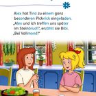 Text oben: "Bibi ist traurig." Darunter eine Illustration von zwei Mädchen an einem Tisch mit Getränken und Früchteschale.