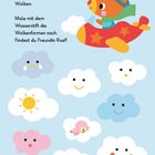 "Fuchs Finn fliegt durch die Wolken." Ein Fuchs im Flugzeug, bunte Wolken mit verschiedenen Gesichtsausdrücken und ein Vogel.