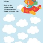 "Fuchs Finn fliegt durch die Wolken. Freund ist Rosi?" Illustration eines Fuchses in einem Flugzeug über Wolken.