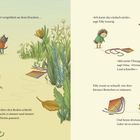 Links: "Tilly zerrt vergeblich an dem Drachen ...", Illustration von Kindern im Garten, Drache am Boden. Rechts: "Ich kann das einfach nicht", sagt Tilly traurig. "Mit mehr Übung klappt es bestimmt", sagt Oma. Tilly rennt los.