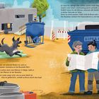 Ein Hund rettet auf einer Baustelle zwei Männer vor einem Kipplaster. Im Hintergrund Baustellenfahrzeuge und Arbeiter.