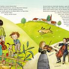 Links stehen Texte über Lisa, ihre Familie und den Hund. Rechts: Musiker mit Streichinstrumenten im Freien.