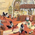 Der Text beschreibt höfliche Begrüßungen und das Holen von Koffern. Illustration einer belebten Hotellobby mit Tierfiguren.