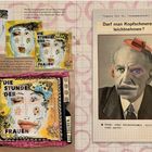 Text links oben: Zeichnen eines Porträts mit Collagenschnipseln. Mitte: "DIE STUNDE DER FRAUEN". Rechts oben: Kopfschmerzen ernstnehmen? 

Auf der linken Seite sind Collagen und Zeichnungen von Gesichtern, gefolgt von dekorativen Elementen. Rechts ein Porträt mit abstrakten Augen und Mund.