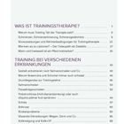 Inhaltsverzeichnis mit Themen wie Trainingstherapie, Sehnenschaden und Arthrose. Seitenzahlen ergänzen die Einträge.