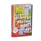 Auf einem Buchcover steht: "JULIA DECK DIE WAHRHEIT ÜBER ANN ROMAN". Es zeigt ein Gemälde mit einem Tisch und Stadtansicht.