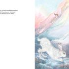 Text links: "Hoch oben in den Bergen... aus dem Felsen."  
Rechts: Illustration eines Schneehase neben einem steinigen Bach.
