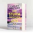 Text: "CARLEY FORTUNE DER STURM ZWISCHEN UNS ROMAN." Zwei Figuren am Strand, halten Surfbretter, Logo unten rechts.