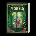 "Jordan Lees WHISPERWICKS. Der Fluch der magischen Prüfungen." Kinder im magischen Wald, Bücher, Spielkarten, Laterne, Pinguin-Logo.