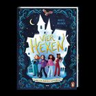 "Vier Hexen und ein Zufallszauber" steht vor einem Schloss mit Mond und Eule. Vier Frauen in bunten Kleidern vorne.
