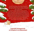 Ein Lebkuchen-Logo mit "Knusper und Hörnchen" auf rotem, weihnachtlichem Hintergrund mit Tannen und Schnee.