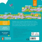 Text: "Fördert die motorischen Fähigkeiten", "Vermittelt Alltagswissen", "Zum Ausklappen und Spielen", "ab 2 Jahren".  
Collage mit einer Spielstraße, einem Vogel oben und einem Pinguin-Logo unten.