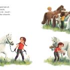 Hufe klappern, Schritt für Schritt. Ein Hund läuft fröhlich über eine blühende Wiese unter einem blauen Himmel.