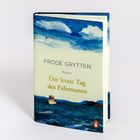"Der letzte Tag des Fährmanns" von Frode Grytten. Buch mit Illustration von Meer und kleinem Schiff.