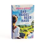 Text: "Ursula Kissel, Das Heidelbeerhaus, Roman". Illustration: Frau mit Korb voller Heidelbeeren in grüner Landschaft.