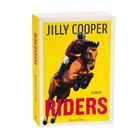 Text: "JILLY COOPER RIDERS ROMAN". Illustration: Reiter auf springendem Pferd vor gelbem Hintergrund.
