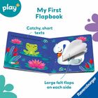 "My First Flapbook", "Catchy, short texts", "Large felt flaps on each side" beschreibt ein Kinderbuch mit Tierillustrationen.