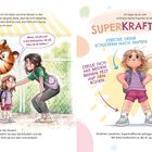 „Mama, ich will nicht in den Kindergarten. Ich will lieber bei dir bleiben.“ Superkraftpose: Anweisungen für Haltung. Eine Mutter tröstet ihr Kind; ein lächelnder, großer Katzencharakter. 