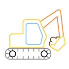 Keine Texte. Illustration eines Baggers mit klaren Linien in Gelb, Blau, Grau und Orange.