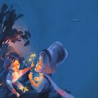 Zwei Kinder sitzen in einer fantasievollen nächtlichen Szene, beleuchtet von Blumen, mit einem Auto und zwei Erwachsenen im Hintergrund.