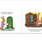 Links: "Im Eichenwald ist morgen Tanz." Hase hält Einladung. Rechts: Hase schaut in einen Schrank mit Fridas blauem Kleid.