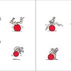 "Entspannung" oben links. Illustration: Personen führen Übungen auf einem großen roten Ball durch, in verschiedenen Positionen.