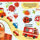 Text: „Was ist rot? Hallo, ich bin ein Chamäleon... Welcher Apfel ist grün?“ Roter Bus, Tiere im Bus, rote Rosen, Erdbeere, Marienkäfer.