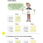 Eine Illustration: Aufgabe zur Kontrolle mittels Umkehraufgabe. Verschiedene Rechnungen und ein Kind mit einer Tafelkappe.