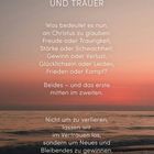 "Texte des Trostes in Traurigkeit und Trauer." Sonnenuntergang über ruhigem Meer, unter dem Text.