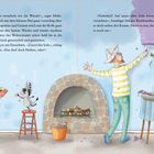 Links hält eine Person in gestreiftem Kleid eine Schüssel, während ein Tier auf einem Hocker malt. Rechts streicht eine Person die Wand lila.